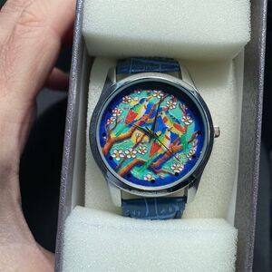 Strada Blue Leather Strap Watch with Bird & Tree Design